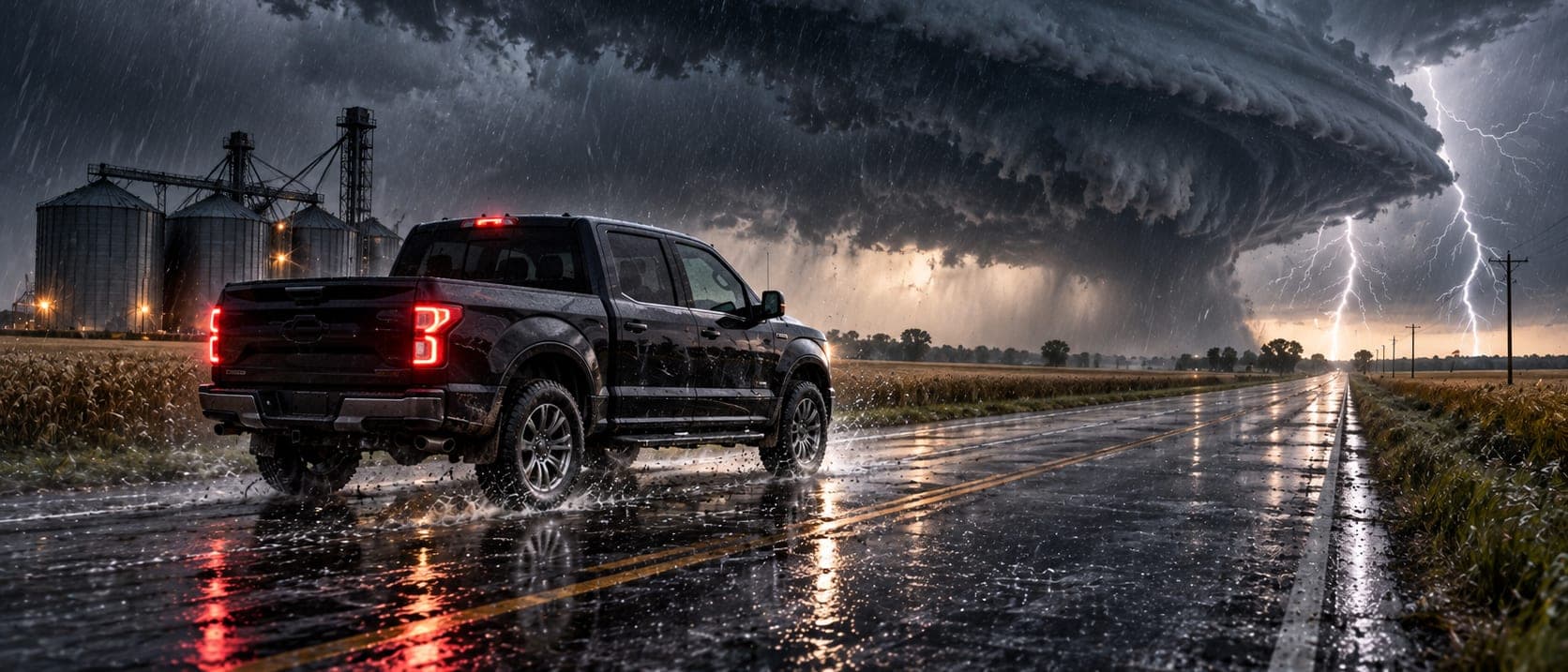 A black pickup seen from behind on a wet road past grain silos, facing a huge rotating storm cloud and lightning