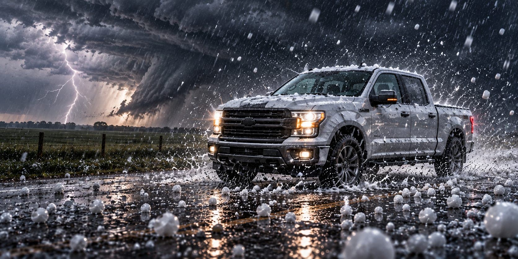 A white pickup stopped on a country road in a hailstorm, hailstones bouncing on the wet asphalt and lightning over the fields behind it