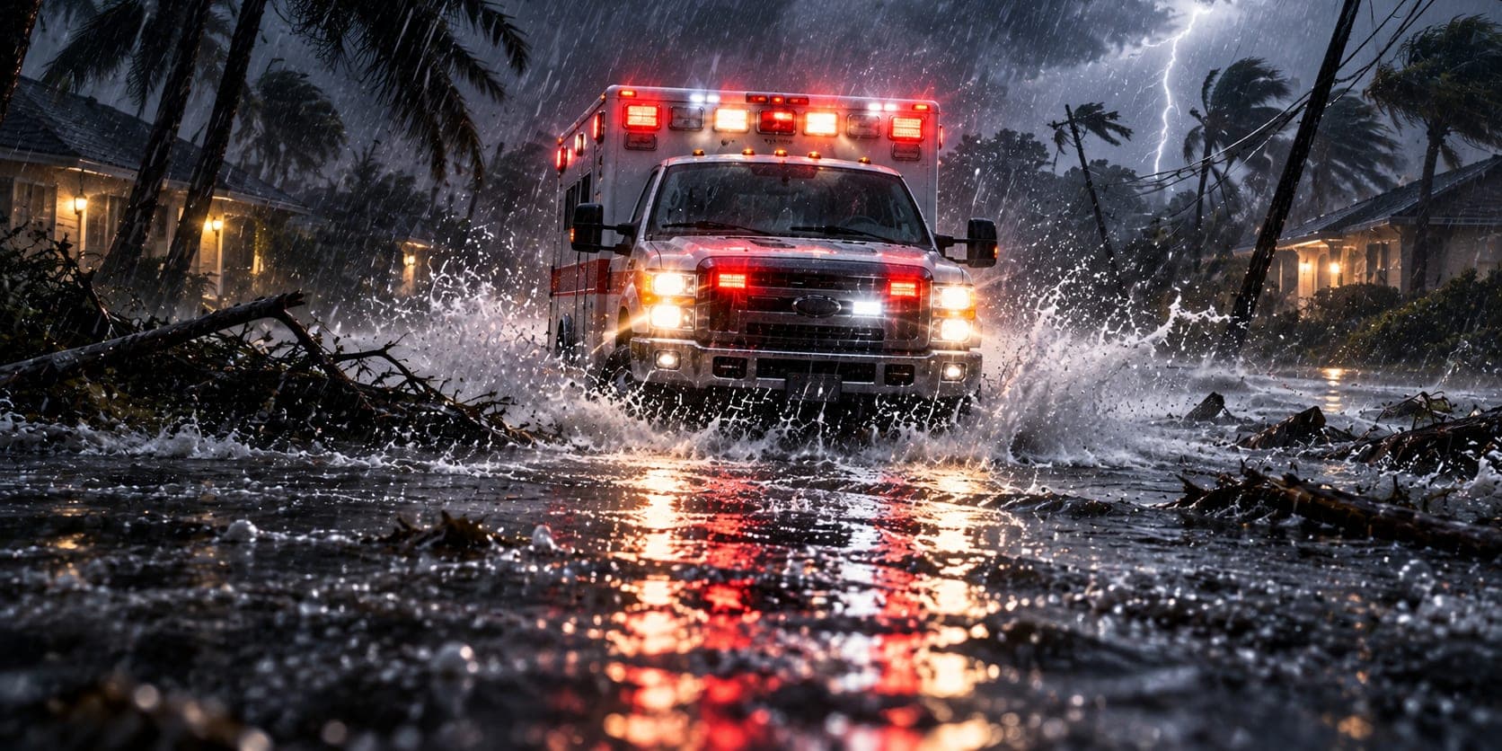A black pickup with a WHIP guard on each door on a flooded coastal road, palms flattened and the eye of a hurricane overhead