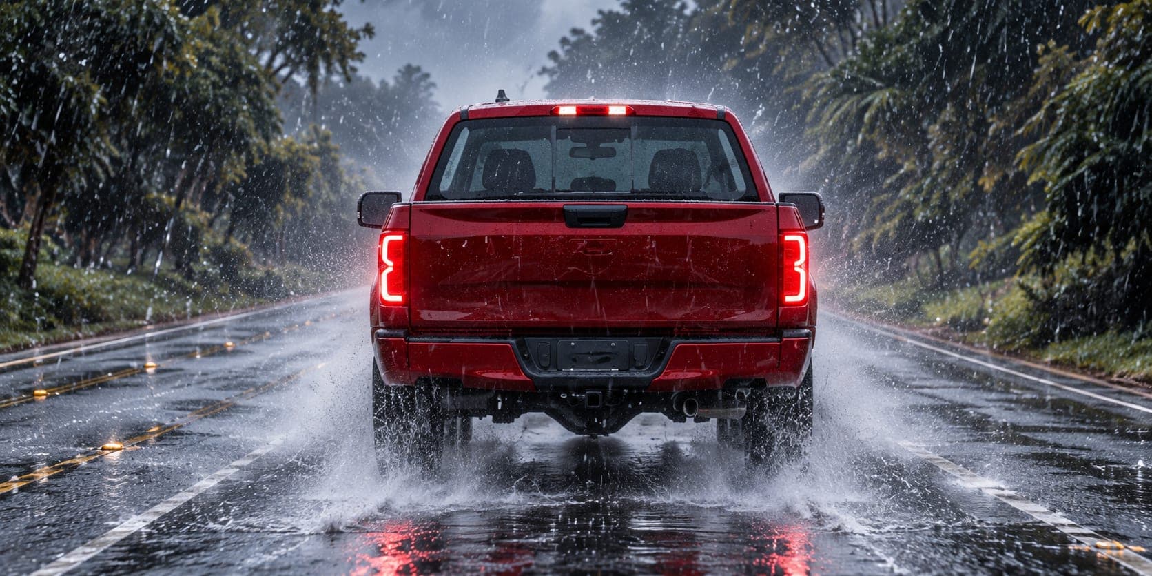 A red pickup with a WHIP guard on each door seen from behind on a wet road between palms, tail lights glowing in the rain