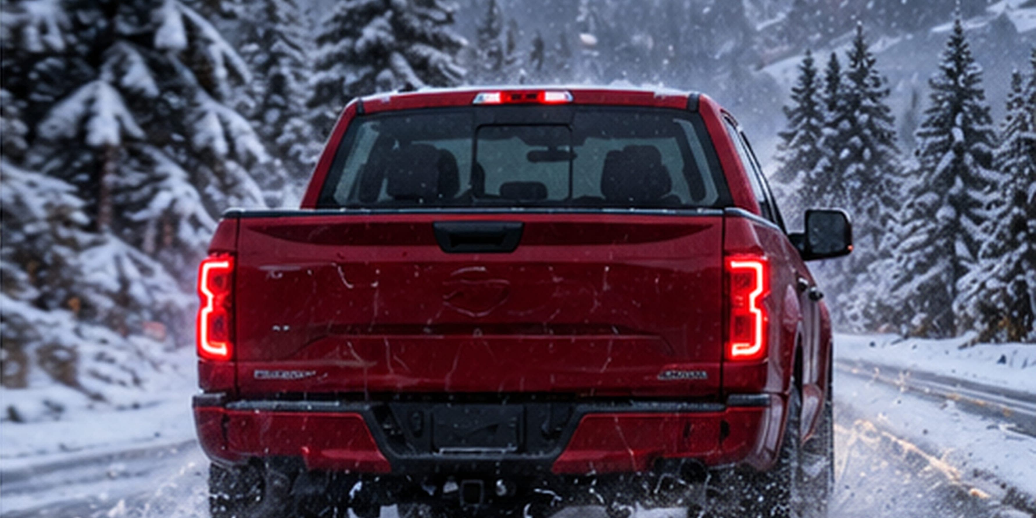 A red pickup with a WHIP guard on each door seen from behind on a snowy mountain road, snow falling on the pines