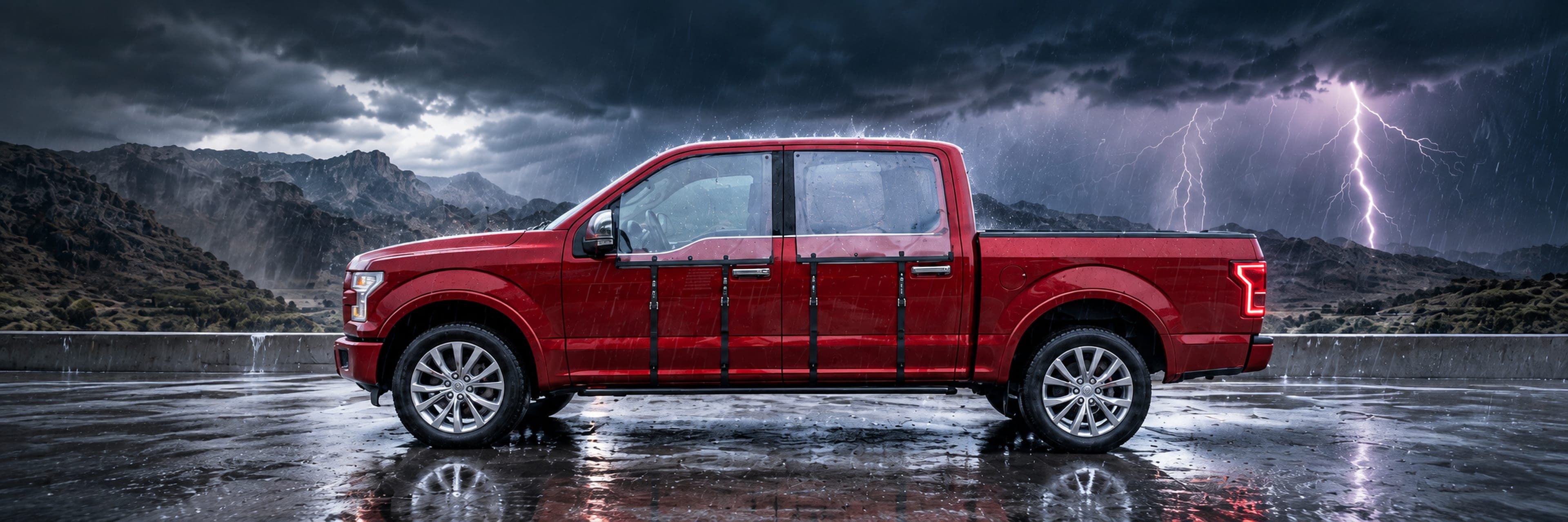 A red pickup truck with WHIP guards strapped over its doors, parked on wet ground under a dark mountain ridge as lightning forks behind it