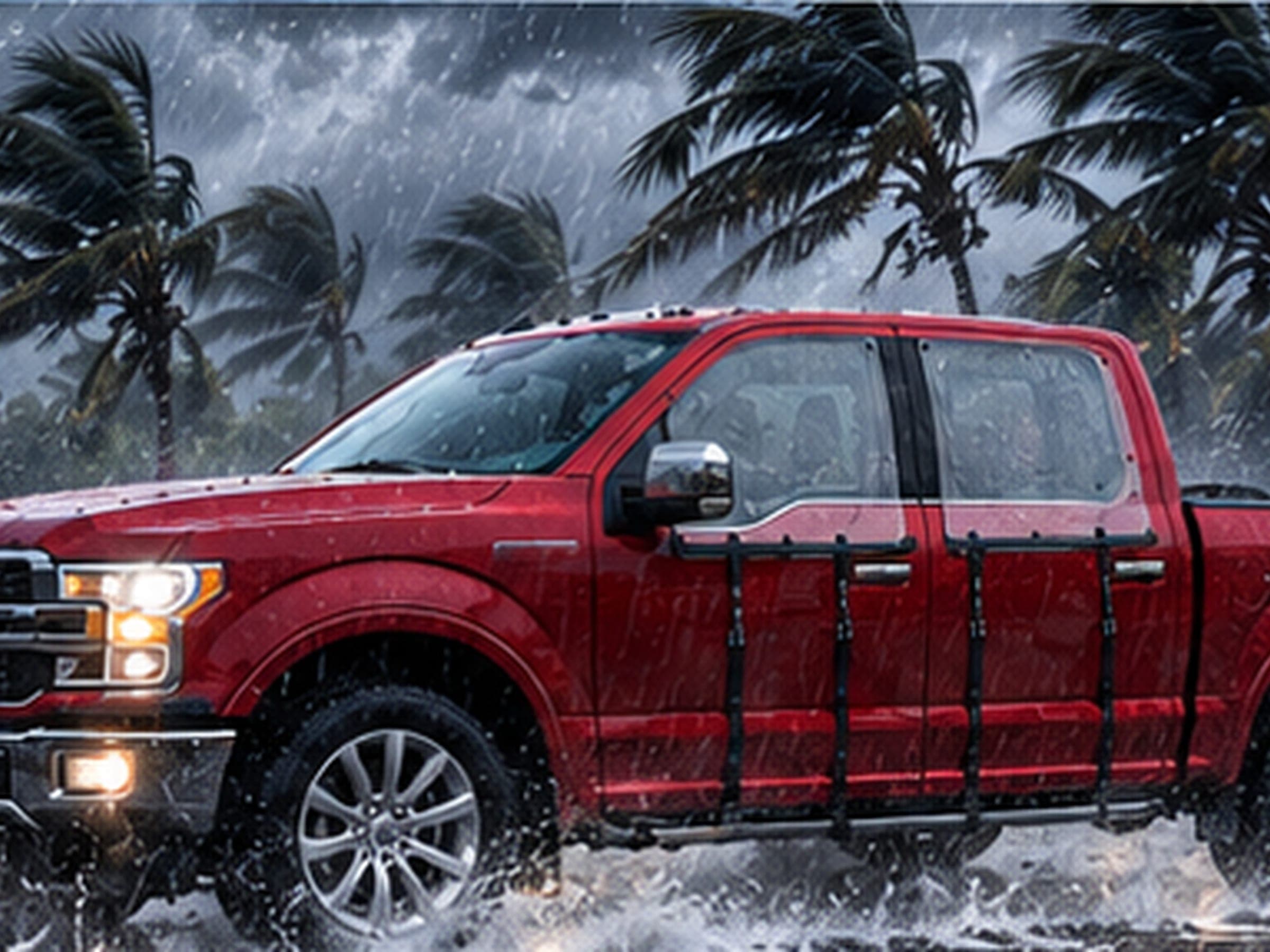 A red pickup with a WHIP guard on each door on a Gulf road, palms bent flat by hurricane wind