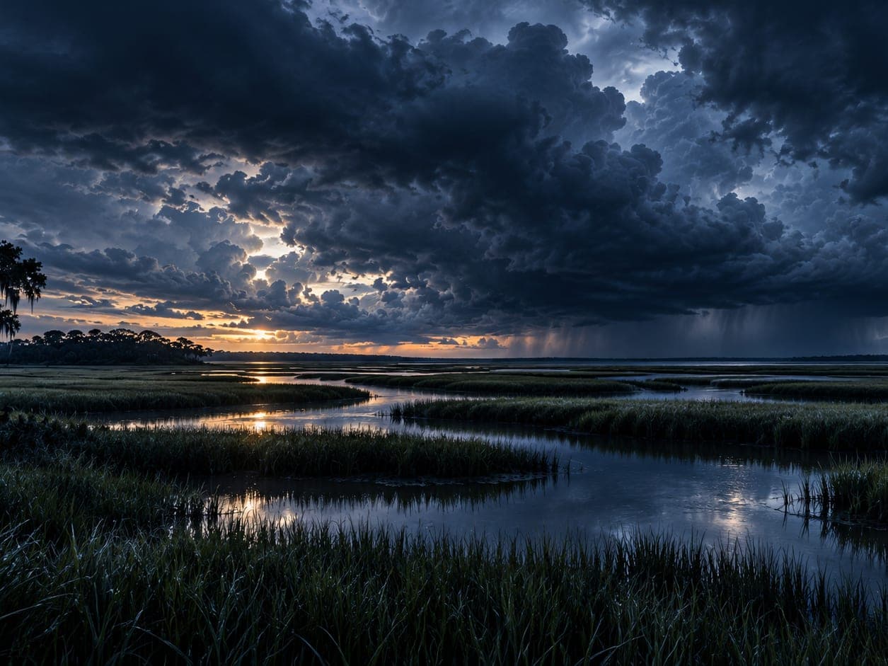 A Lowcountry marsh at dusk, tidal creeks catching the last light under a rain shaft