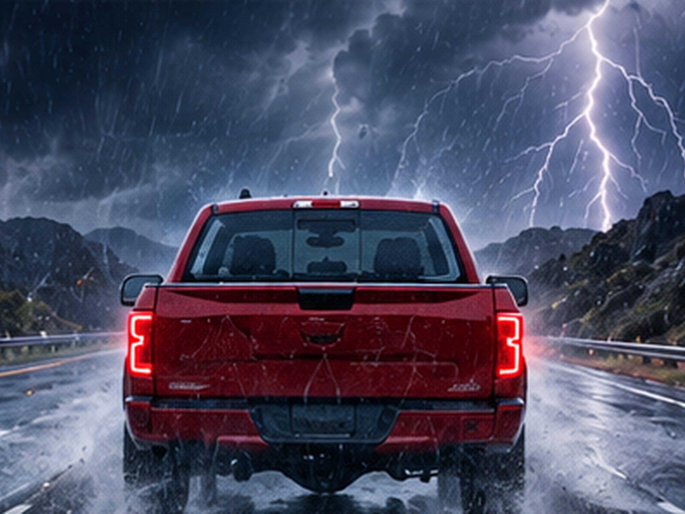 A red pickup with a WHIP guard on each door driving through rain on a mountain road, lightning on the peaks