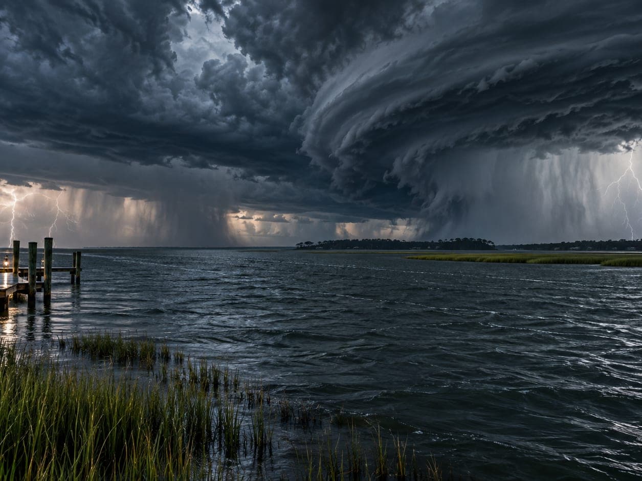 A dock on a coastal salt marsh as a squall line crosses the water, lightning in the rain