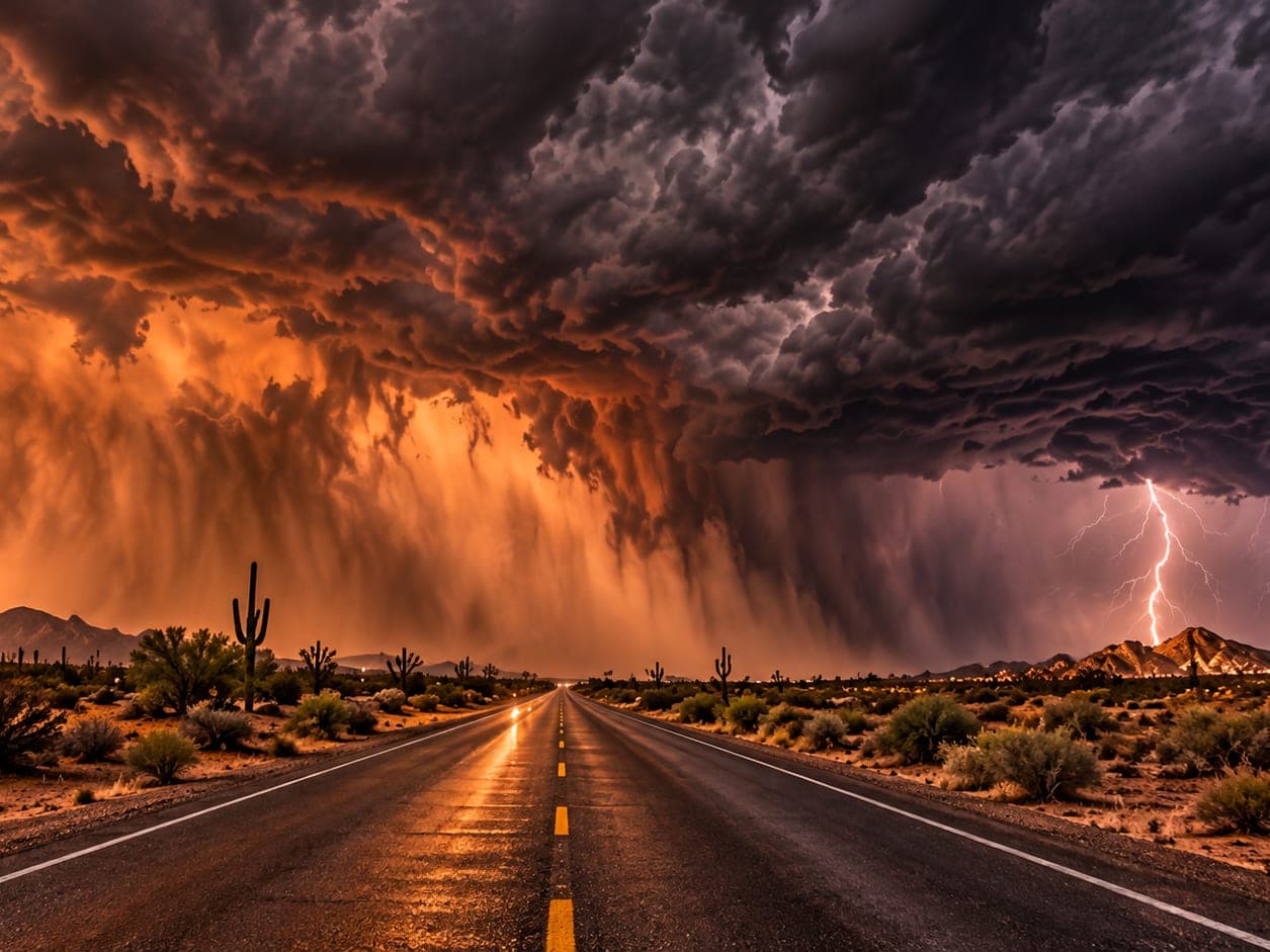 A desert highway running toward a monsoon storm, saguaros beside the road and the sky orange with dust