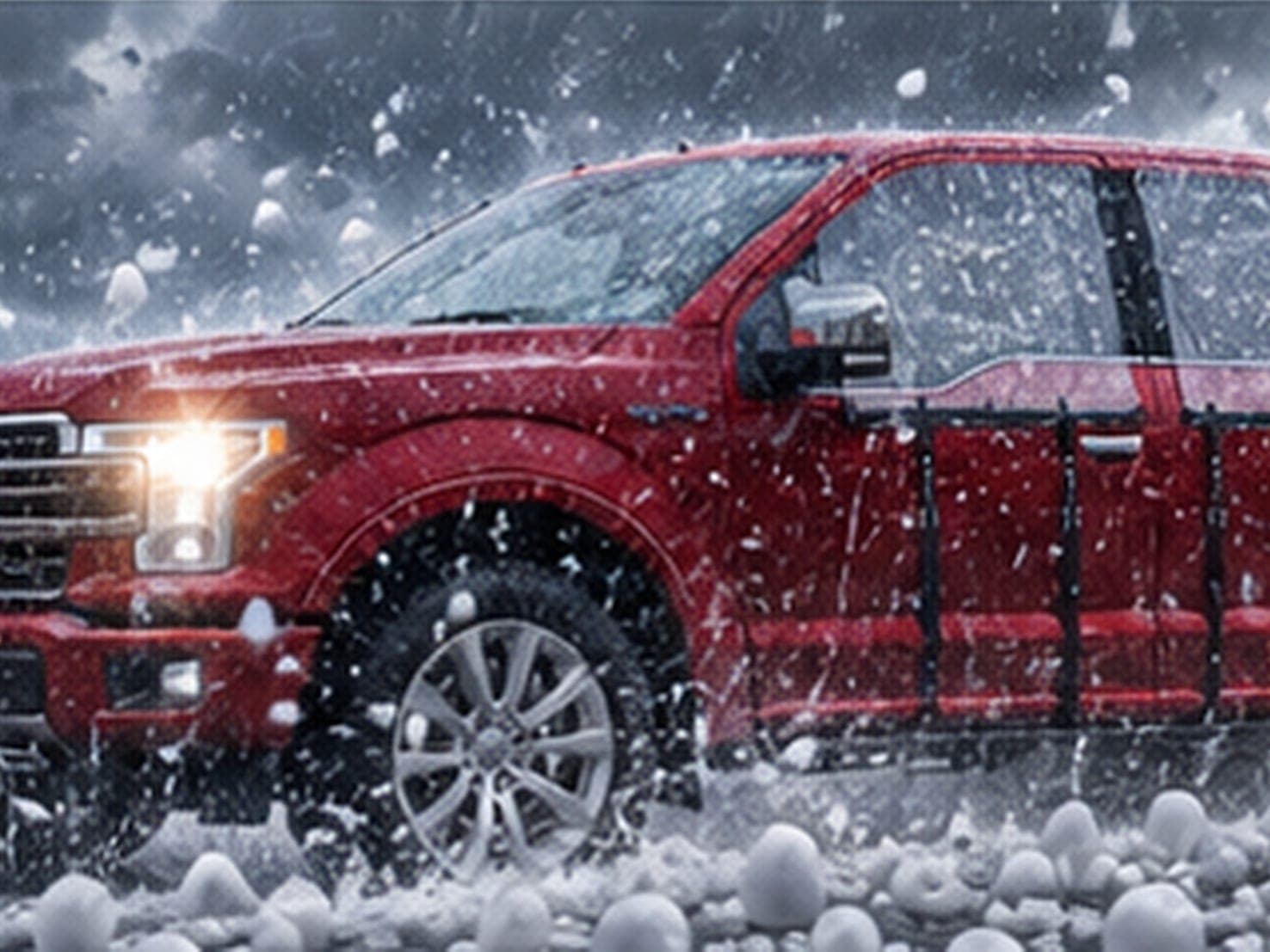 A red pickup with a WHIP guard on each door driving into heavy hail on the plains
