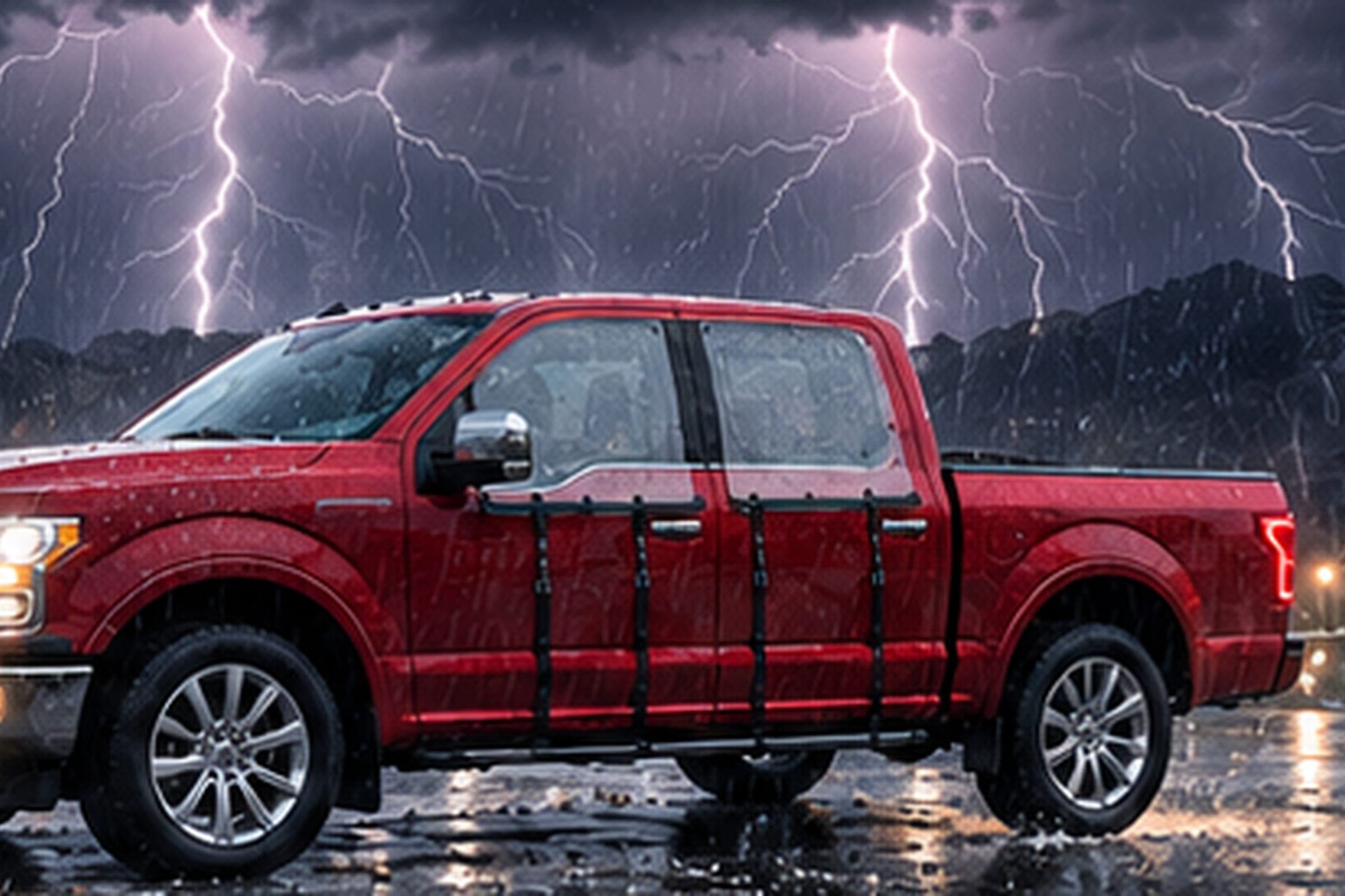 A red pickup with WHIP guards strapped over its doors on a wet lot at night, lightning striking the ridge behind it