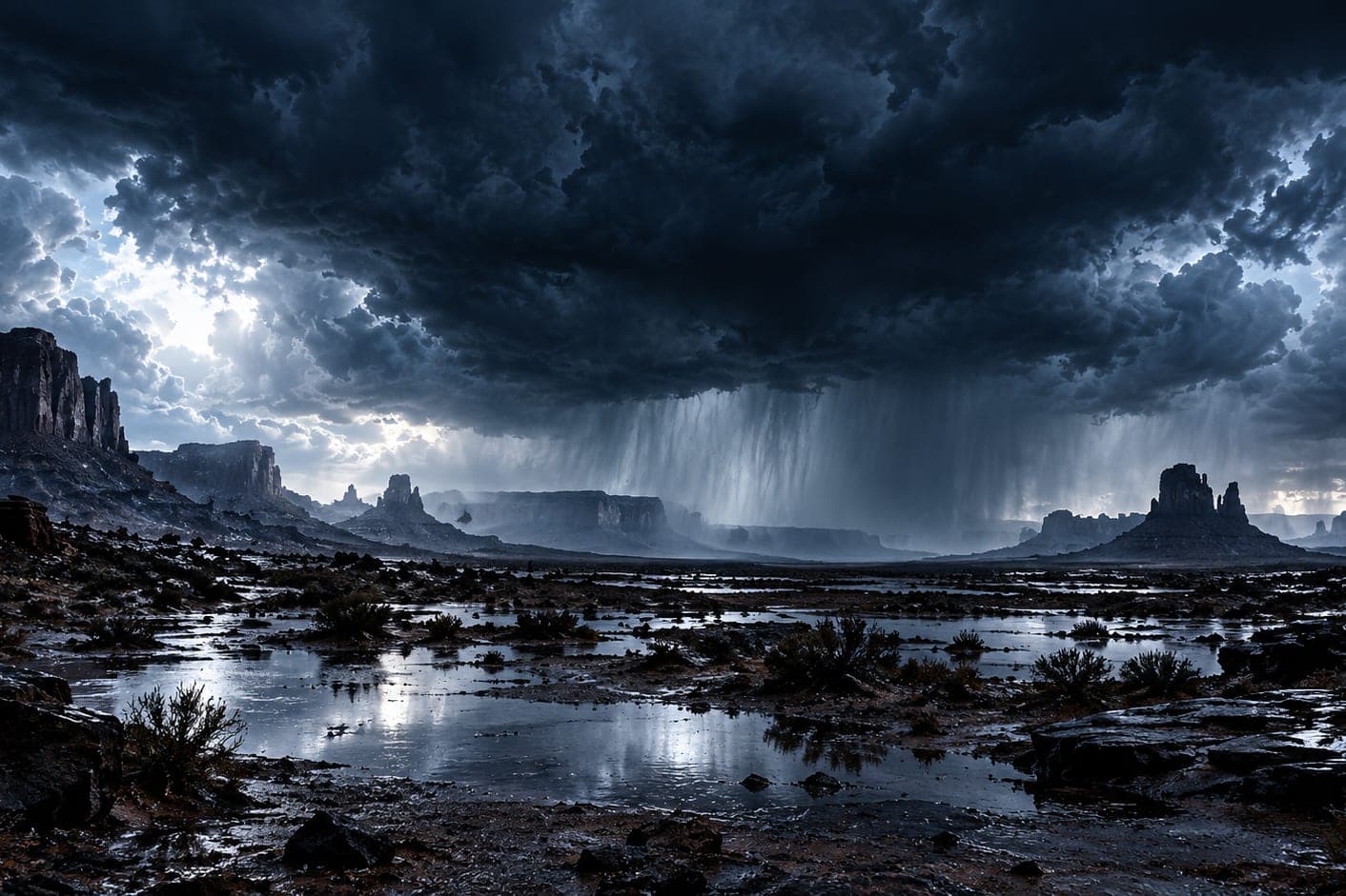 A rain shaft falling from a dark storm cloud over desert buttes, no vehicle in sight