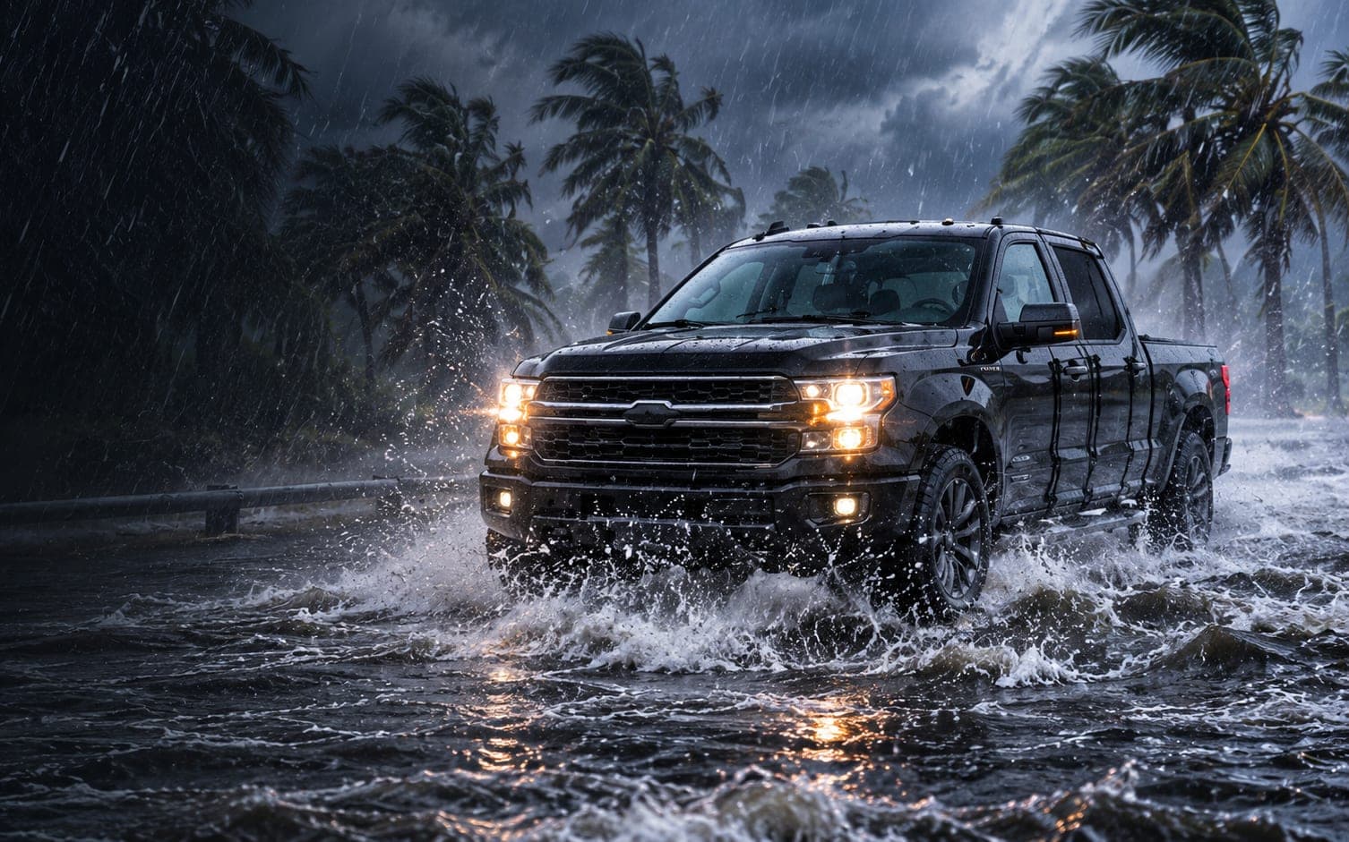 A black pickup with a WHIP guard on each door driving through a flooded coastal road, palms bent by hurricane wind