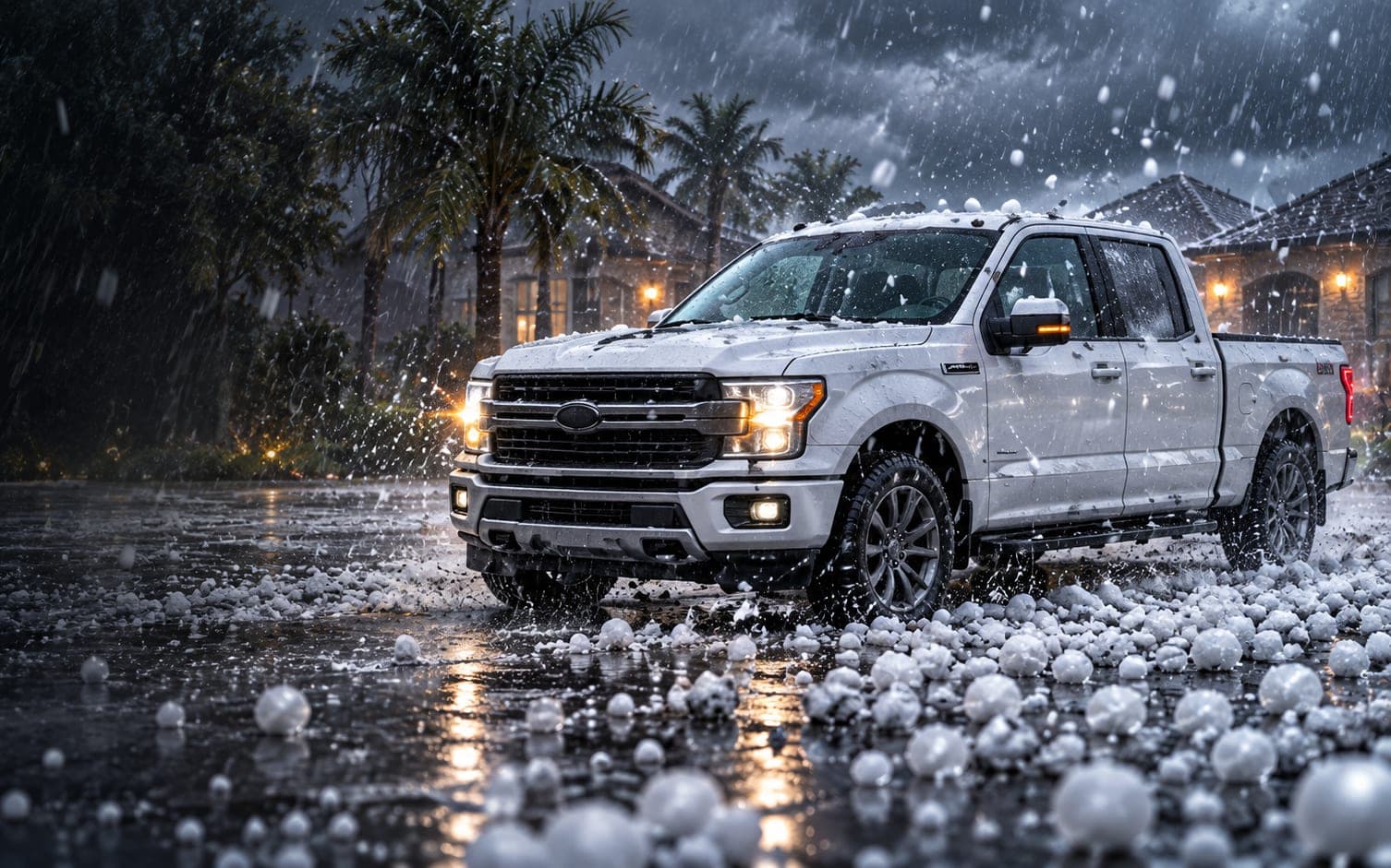 A white pickup with WHIP guards strapped over its doors, parked beside palms as hail bounces off the wet ground around it