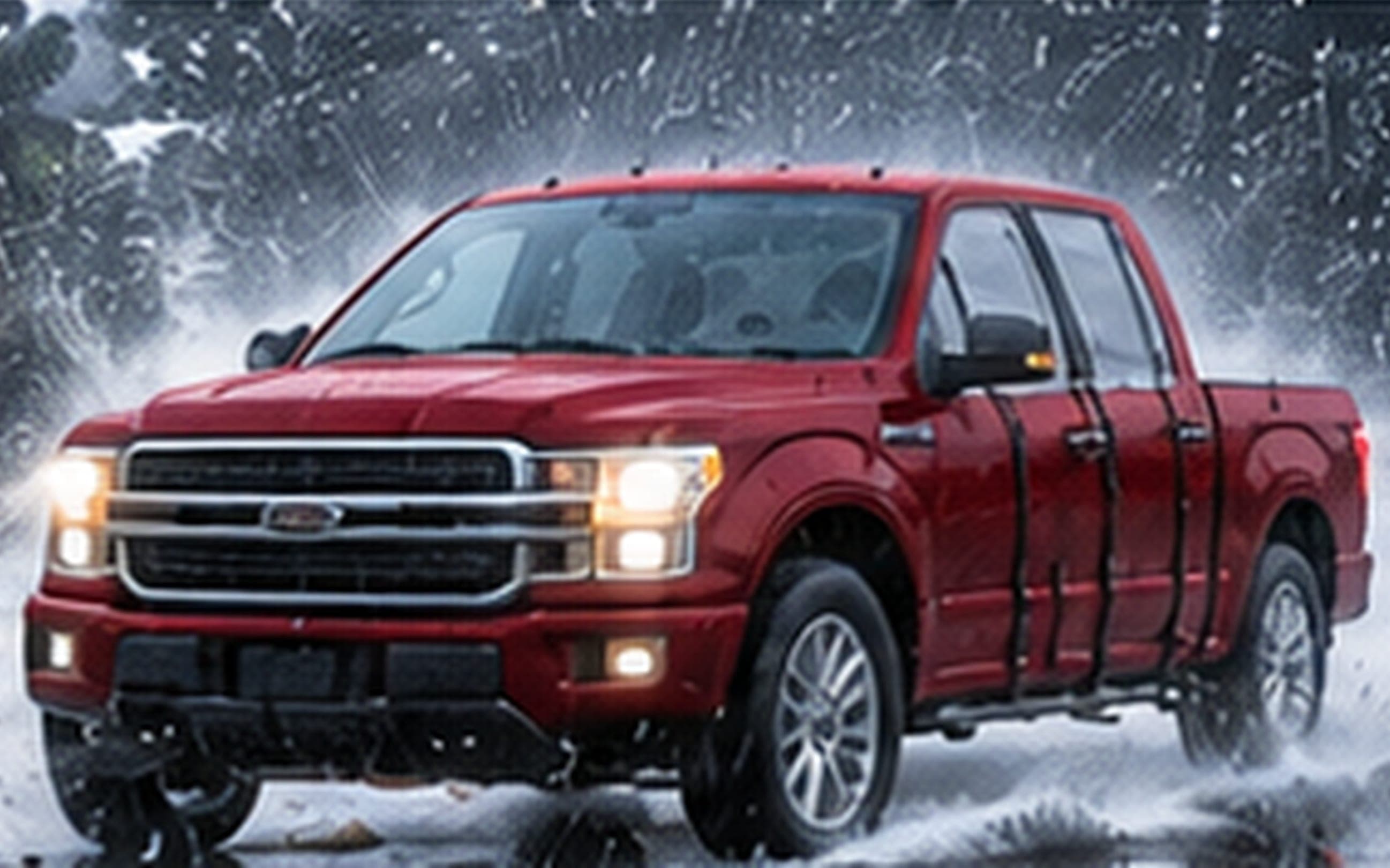 A red pickup with a WHIP guard on each door facing into a storm, spray and debris blowing past it