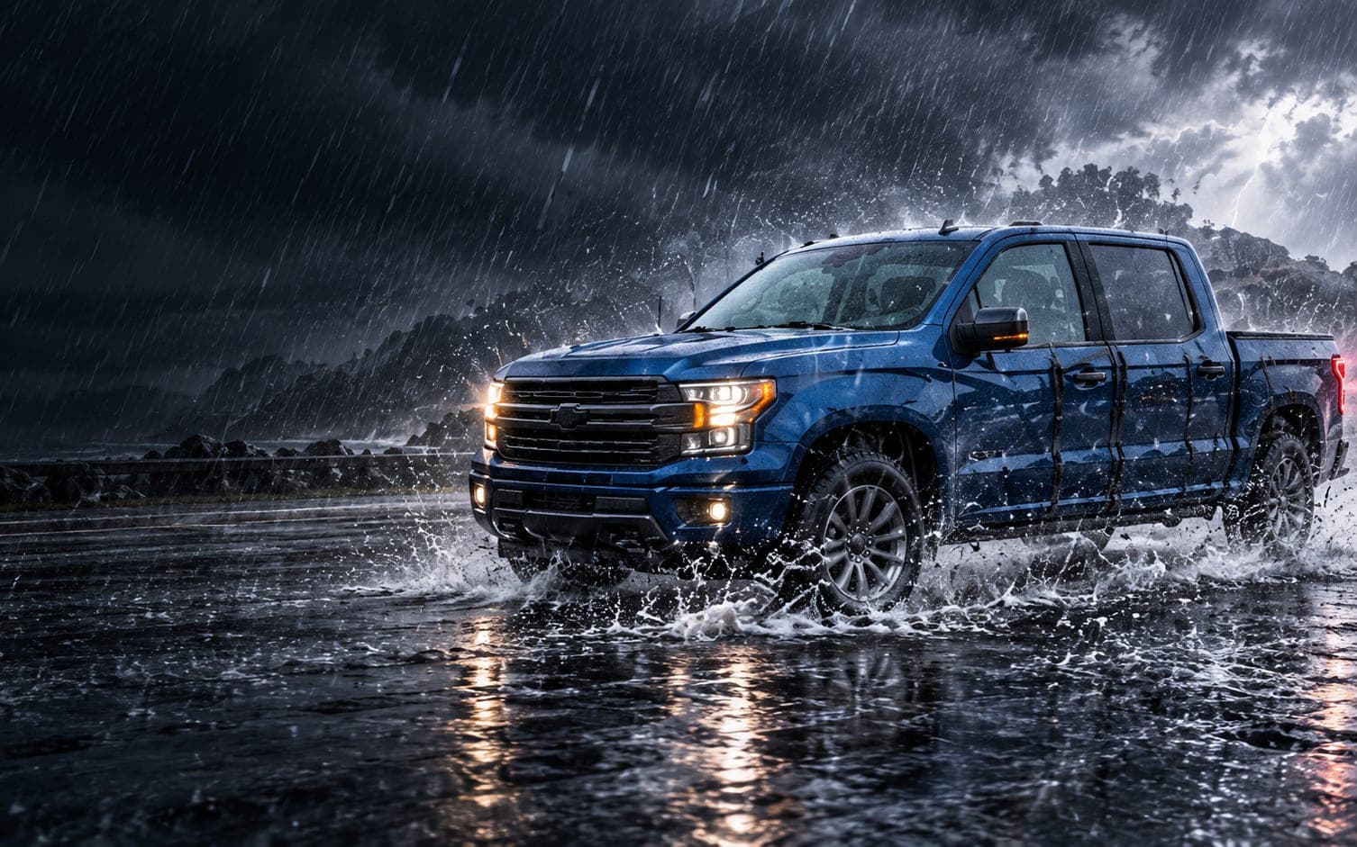 A blue pickup with a WHIP guard on each door driving through standing water in heavy rain, mountains behind